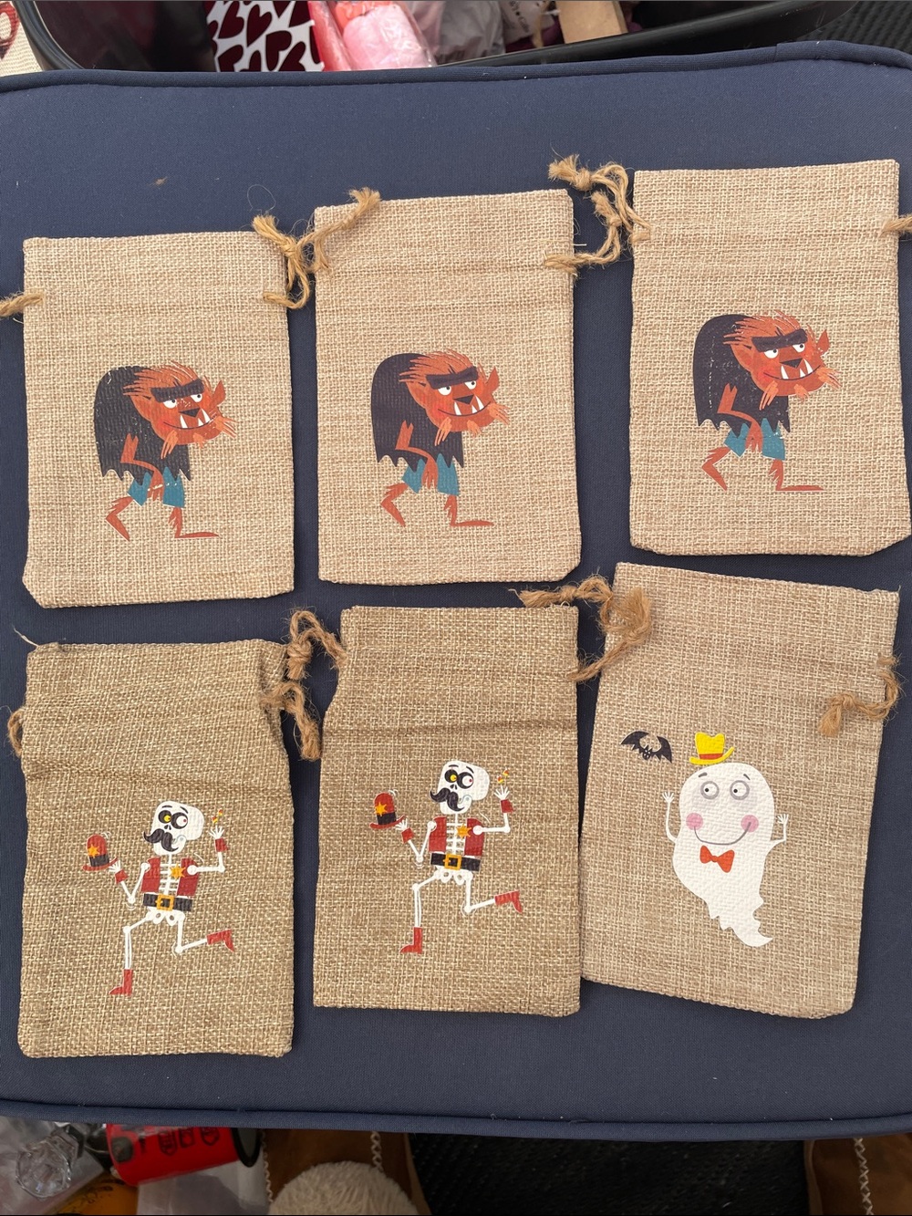 Set of 6 Burlap Halloween Treat Bags with Cute Characters 4 x 5.5